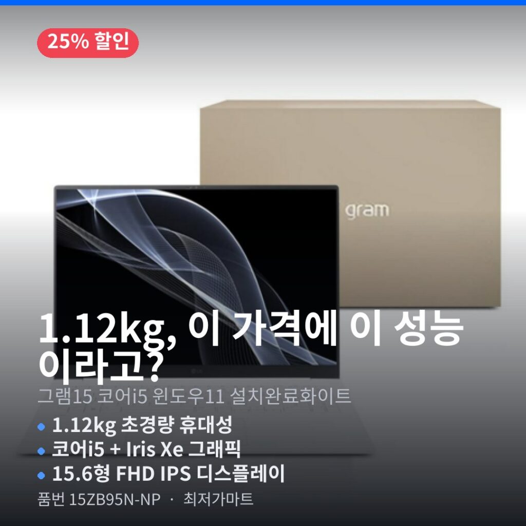 LG 그램15 15ZB95N-NP 코어i5 윈도우11 설치 초경량 사무용 가성비 노트북 제품 이미지